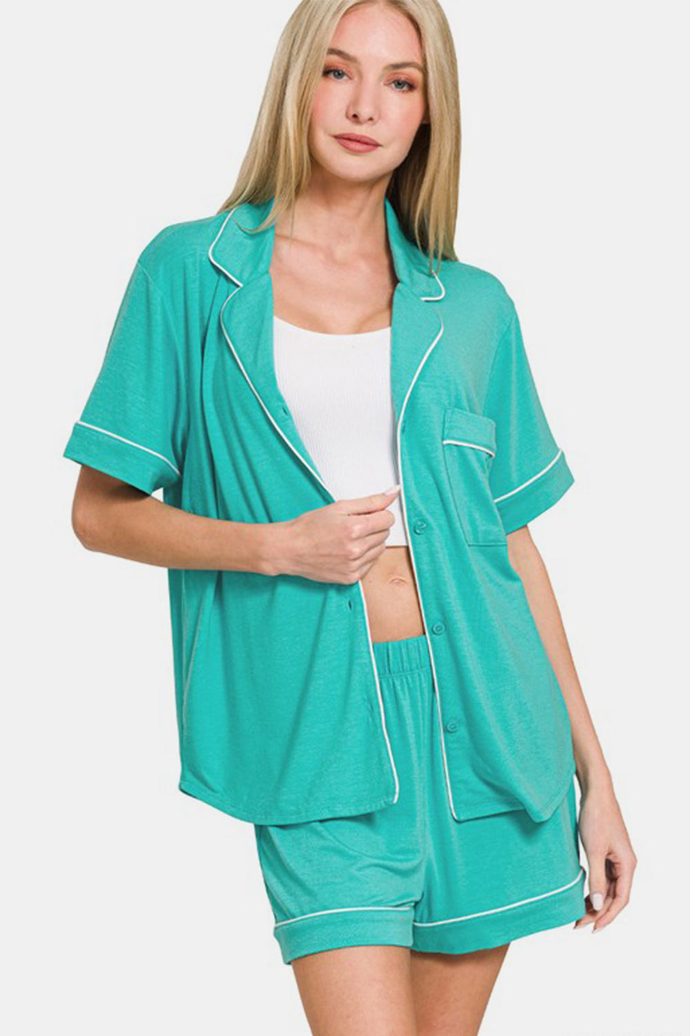 Zenana Button Down Short Sleeve Top and Shorts Lounge Set