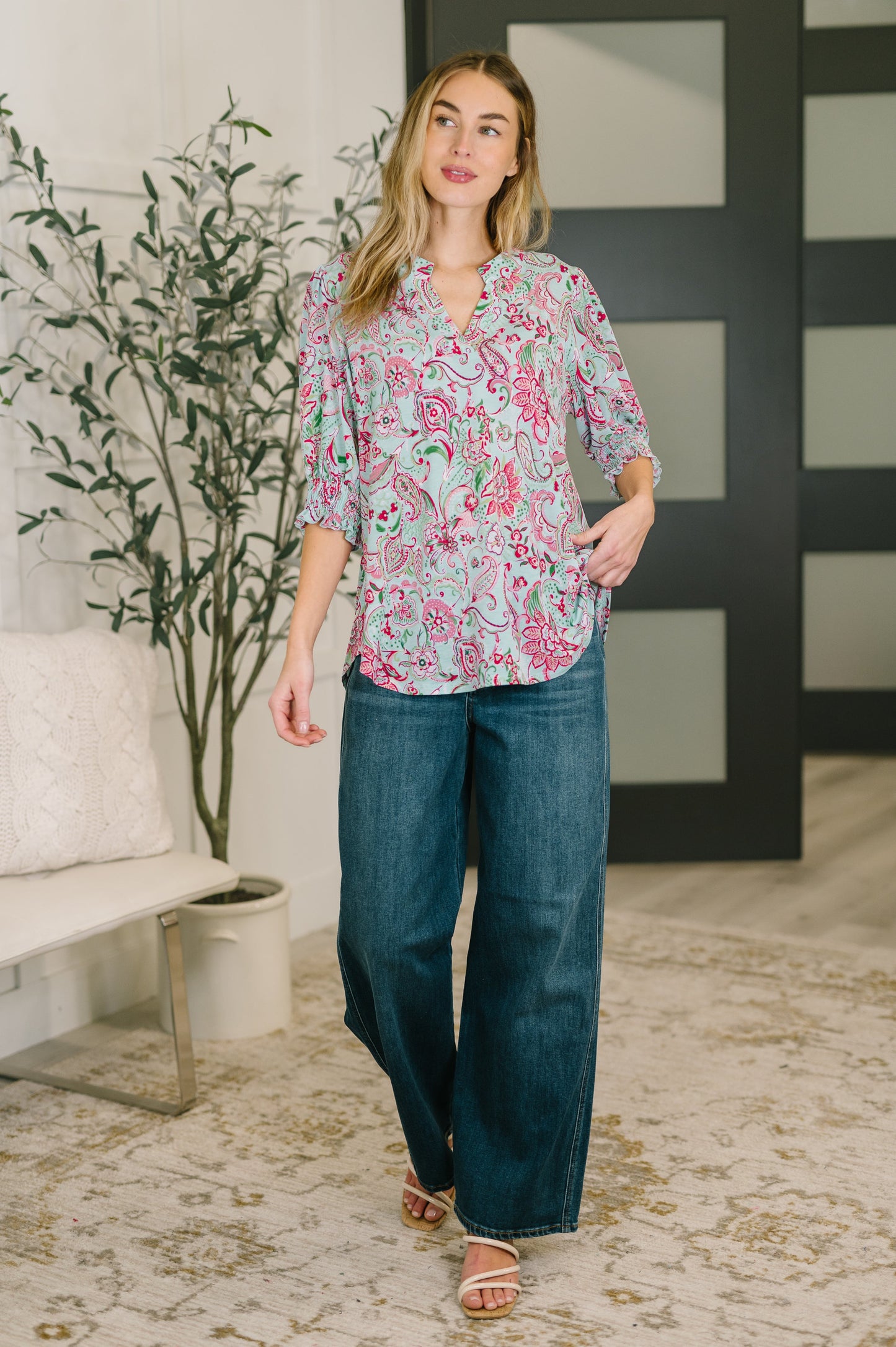 Lizzy Smock Top in Mint and Pink Floral Paisley