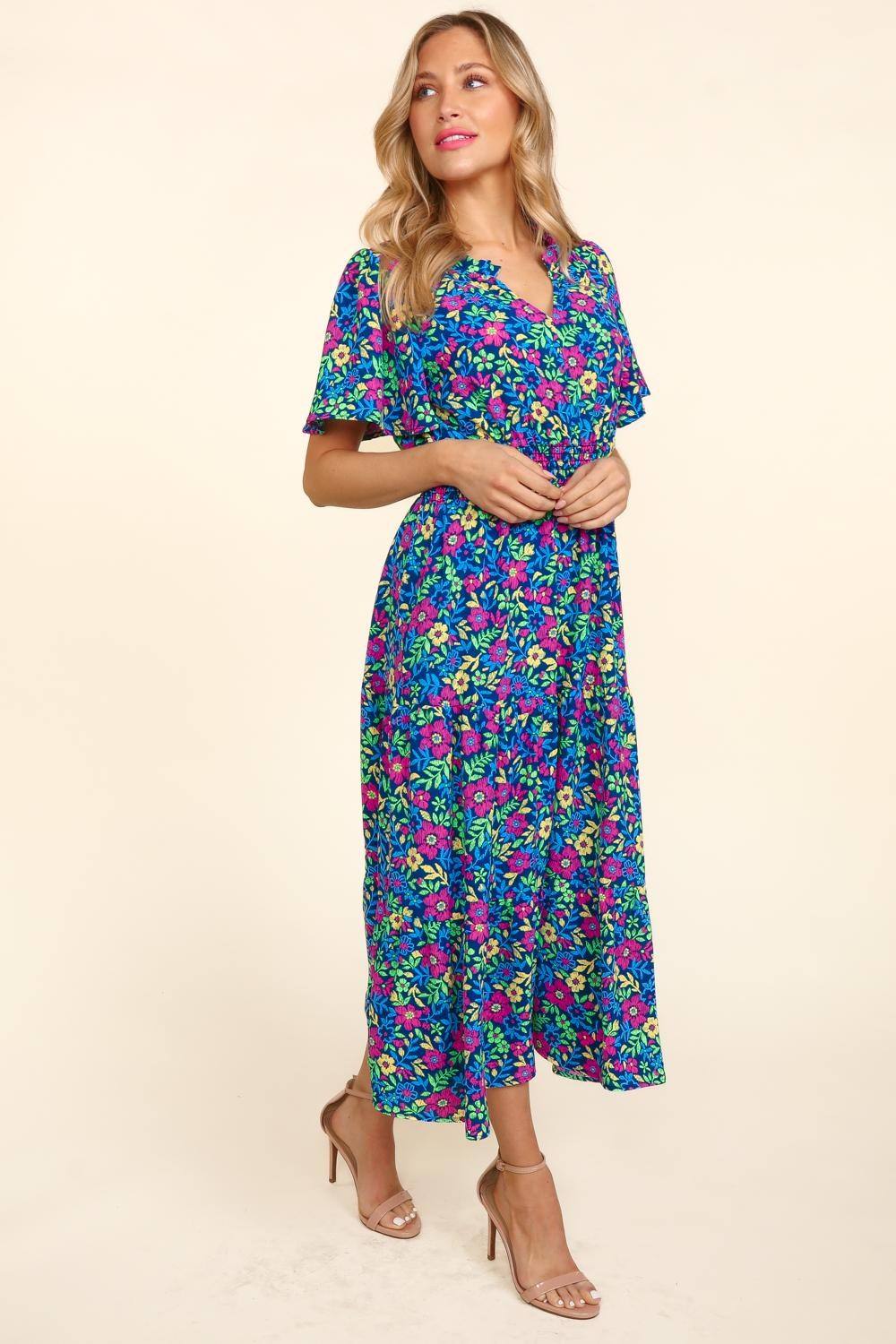 Haptics Printed Notched Short Sleeve Dress with Pockets